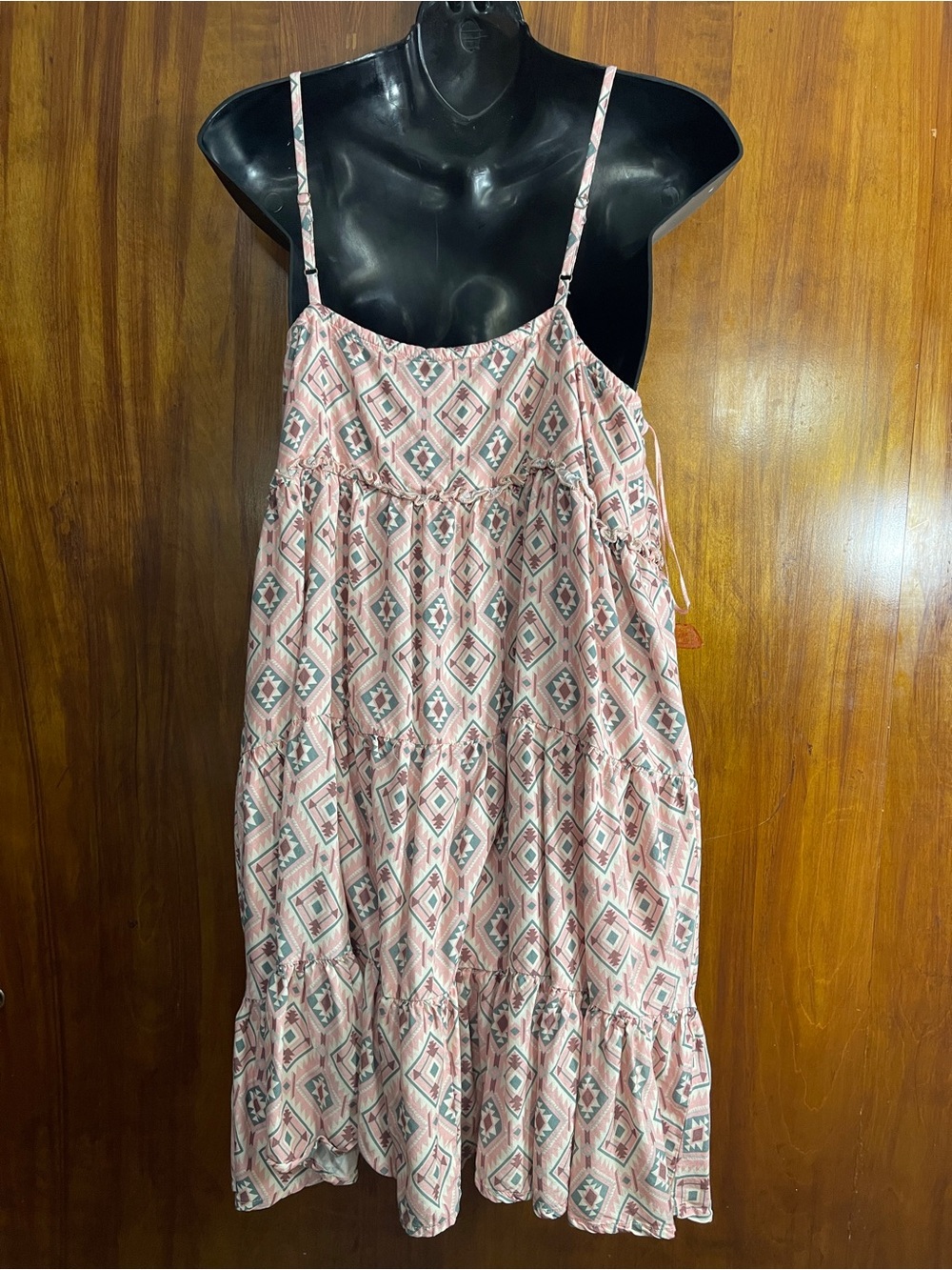Rock & Roll Denim Western Aztec Geometric Tiered Sundress Pink Green Size L - Picture 2 of 5